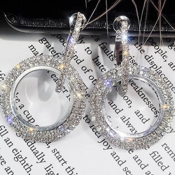 925 Sterling Silver Crystal Double Hoop Earings - Picture 3 of 5